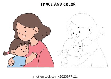 Mom and daughter hug. Happy mom and girl child embracing. Mother day coloring page for kids activity. Fun mothers day activity worksheet for kids. Mother's Day card. 