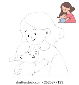Mom and daughter hug. Happy mom and girl child embracing. Mother day coloring page for kids activity. Fun mothers day activity worksheet for kids. Mother's Day card. 