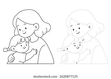 Mom and daughter hug. Happy mom and girl child embracing. Mother day coloring page for kids activity. Fun mothers day activity worksheet for kids. Mother's Day card. 