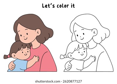 Mom and daughter hug. Happy mom and girl child embracing. Mother day coloring page for kids activity. Fun mothers day activity worksheet for kids. Mother's Day card. 