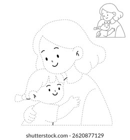 Mom and daughter hug. Happy mom and girl child embracing. Mother day coloring page for kids activity. Fun mothers day activity worksheet for kids. Mother's Day card. 