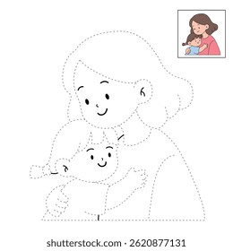 Mom and daughter hug. Happy mom and girl child embracing. Mother day coloring page for kids activity. Fun mothers day activity worksheet for kids. Mother's Day card. 