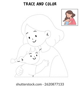 Mom and daughter hug. Happy mom and girl child embracing. Mother day coloring page for kids activity. Fun mothers day activity worksheet for kids. Mother's Day card. 