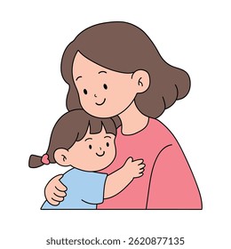 Mom and daughter hug. Happy mom and girl child embracing. Mother day coloring page for kids activity. Fun mothers day activity worksheet for kids. Mother's Day card. 