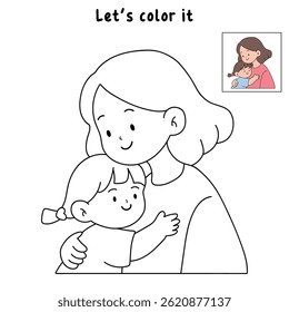 Mom and daughter hug. Happy mom and girl child embracing. Mother day coloring page for kids activity. Fun mothers day activity worksheet for kids. Mother's Day card. 