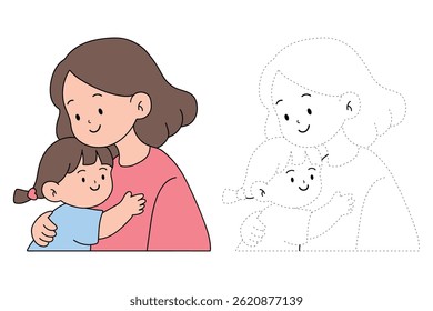Mom and daughter hug. Happy mom and girl child embracing. Mother day coloring page for kids activity. Fun mothers day activity worksheet for kids. Mother's Day card. 