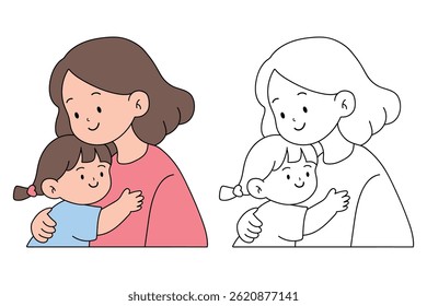 Mom and daughter hug. Happy mom and girl child embracing. Mother day coloring page for kids activity. Fun mothers day activity worksheet for kids. Mother's Day card. 