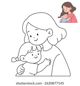 Mom and daughter hug. Happy mom and girl child embracing. Mother day coloring page for kids activity. Fun mothers day activity worksheet for kids. Mother's Day card. 