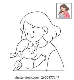 Mom and daughter hug. Happy mom and girl child embracing. Mother day coloring page for kids activity. Fun mothers day activity worksheet for kids. Mother's Day card. 