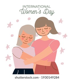 mom and daughter hugging celebrating international women's day . vector illustration