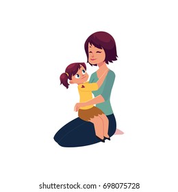 Mom and daughter hugging, embracing each other, little girl sitting on her mom knee, cartoon vector illustration isolated on white background. Happy cartoon mother and daughter hugging each other