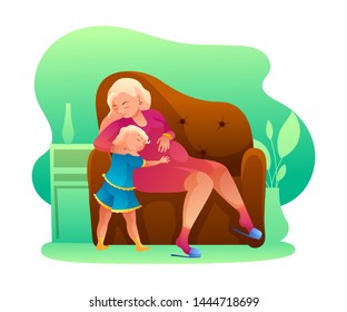 Mom and daughter hugging flat illustration. Happy pregnant woman sitting in armchair. Parent with kid cartoon vector characters. Mother and child embracing, family love isolated clipart