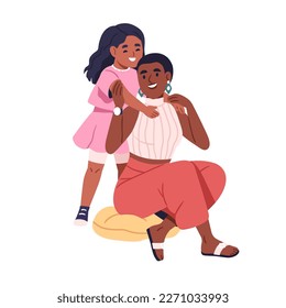 Mom and daughter hugging. Happy African-American mother and little girl. Black woman and kid. Child embracing parent with support, love, care. Flat vector illustration isolated on white background