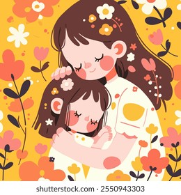 Mom and daughter hugging. illustration for Mother's Day. many flowers. vector illustration