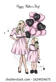 Mom And Daughter In Identical Dresses. Family With Beads In The Shape Of Hearts. Family Look. Fashion And Style, Clothes And Accessories. Girl And Woman. Mothers Day.