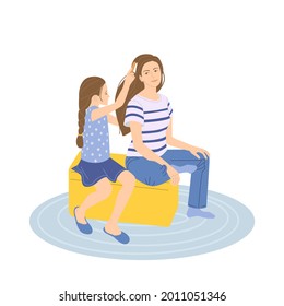 Mom and daughter isolated on a white background. The daughter is combing her mom's hair. Play with your child. Vector illustration.