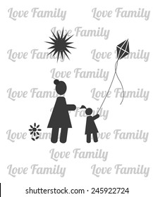 Mom and daughter with kite illustration over white color and text pattern background