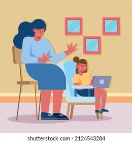 Mutter und Tochter mit Laptop-E-Learning