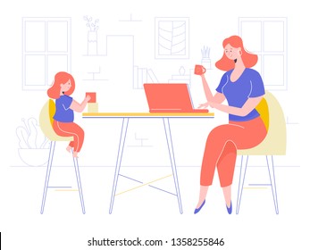 Mamá e hija en el salón. La niña juega con cubos, actividad de desarrollo infantil. Mamá trabaja en una laptop, freelance a través de Internet. Inocente por la noche. Ilustración vectorial en el interior