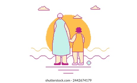 Mom and daughter look at the sea sunset pixel art isolated isolated isolated isolated on transparent background.Concept of relaxation,turism,summer vacation.Vector illustration EPS10