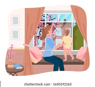 Mom And Daughter Looking At Sakura Tree Through Window. View On Cityscape With Cherry Blossom. Woman And Kid Sitting On Windowsill At Home. Spring Season And Fair Weather Outdoors, Vector In Flat