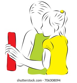 Mom and daughter are looking at the touch phone. Color vector illustration.
