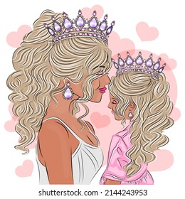 Mamá e hija se aman en una corona glamurosa, hermosos vestidos de mamá y de su hija, coronas en la cabeza, ilustración realista que representa a mamá y a su hija como reina y princesa, vector