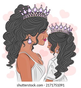 Mamá e hija se aman en una corona glamurosa, hermosos vestidos de mamá y de su hija, coronas en la cabeza, ilustración realista que representa a mamá y a su hija como reina y princesa, vector