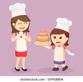 mom and daughter making cake