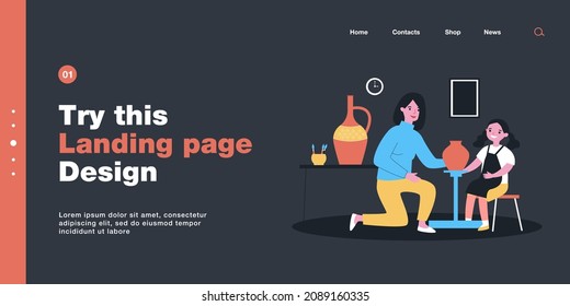 Mom and daughter making clay vases. Flat vector illustration. Woman and girl in apron creating pottery and painting it in pottery studio. Family, hobby, creativity, pottery art, ceramic concept
