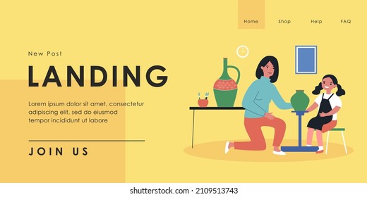 Mom and daughter making clay vases. Flat vector illustration. Woman and girl in apron creating pottery and painting it in pottery studio. Family, hobby, creativity, pottery art, ceramic concept