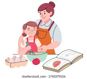 Mom and daughter are making a pie.Homemade food and little helper.Illustration for children's book. Cute Poster .
Scandinavian style .Minimalisn . Nature .