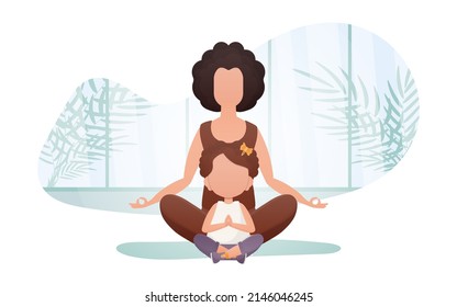 Mom and daughter meditate in the lotus position. Cartoon style. Sports lifestyle. Vector illustration.