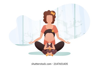 Mom and daughter meditate in the lotus position. Cartoon style. Yoga concept. Vector.