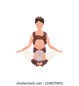 Mom and daughter meditate in the lotus position. Cartoon style. Isolated on white background. Vector.