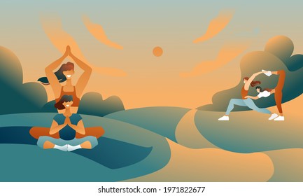 Mom and daughter meditate in the park on a sports mat, girls do stretching on the abstract background. The concept of a healthy lifestyle is outdoor.