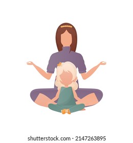 Mom and daughter are meditating. Cartoon style. Isolated on white background. Previous illustration.