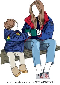 Mom and daughter minum drinking hot tea while camping