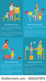 Mom and daughter, mother with child vector posters on blue with text with female parent feeding infant, doing shopping, walking pet and cooking cake