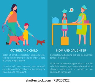 Mom and daughter, mother with child vector posters on blue background with text and girl in apron cooking cake, walking with pet illustrations