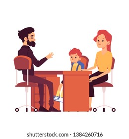 Mom with daughter on consultation with the school teacher or psychologist flat vector illustration isolated on white background. Daily parental duties concept.