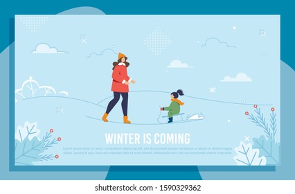 Mom and Daughter on Sled. Natural Snow Landscape. Happy Holidays and Funny Vacation. Winter Entertainments. Flat Design Greeting Banner in Decorated Frame. Vector Cartoon Blue Illustration