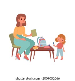 Mom and daughter are packing a backpack for school. A little girl, a pencil case, a backpack, books, notebooks. A table and a chair. Preparing for school. Vector flat illustration cartoon. September 1