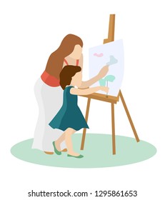 Mom and daughter paint a picture. Joint pastime. Cartoon style flat illustration.