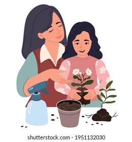 Mom and daughter plant a flower. The family spends time together. Pastel colors.