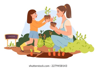 Mom and daughter are planting flowers in the garden. Organic gardening. Cartoon flat vector illustration.