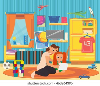 Mom and daughter play and learn in the nursery. vector illustration