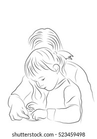 Mom and daughter play together, black - white vector illustration