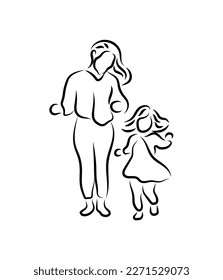 Mom and daughter play together line art