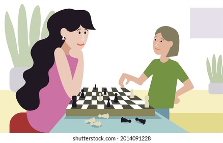 Mom and daughter are playing chess. Vector illustration. Home pastime. Stay at home. Confident and capable child. Maternal care. For postcard poster, placard. Family leisure.